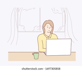 Smiling woman using laptop at home in living room. Happy mature businessman send email and working at home.Hand drawn style vector design illustrations.