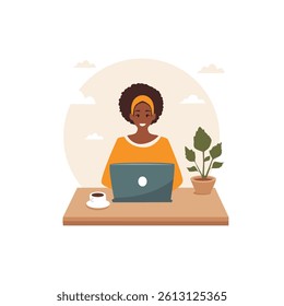 Smiling Woman Using Laptop While Working from Home with Coffee and Minimalist Background