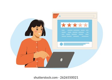 Smiling woman using a laptop while viewing a five-star rating screen on a website interface, flat graphic style, white background, concept of online reviews. Vector illustration