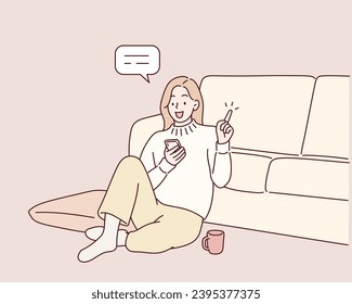  mujer sonriente usando teléfono móvil mientras se sienta en el suelo en casa. Ilustraciones de diseño vectorial de estilo dibujado a mano.