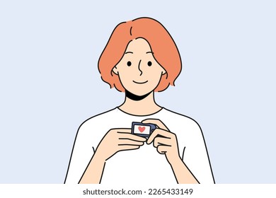 Smiling woman using pulse oximeter checking oxygen saturation. Happy female patient with medical equipment measure blood and pulse rate. Healthcare. Vector illustration. 