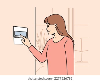 Smiling woman using smart home system on apartment wall. Female renter turn on alarm or security on panel in house. Indoor technology. Vector illustration. 