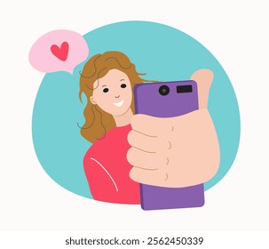 Smiling woman using smartphone, chatting, making video calls, calling her boyfriends and friends. Conversation, online chat on phone, speech bubble, heart shape.