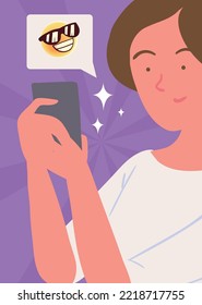 smiling woman using smartphone, vector design