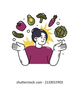 Smiling Woman and vegetable icons. Fast-food or healthy food. Choosing the Right Nutrition. Refusal of sweet and junk food. Flat style in vector illustration. Isolated element.