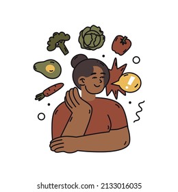 Smiling Woman with vegetables. Fast-food or healthy food concept. Choosing the Right Nutrition.  Refusal of sweet and junk food. Flat style in vector illustration. Isolated element.