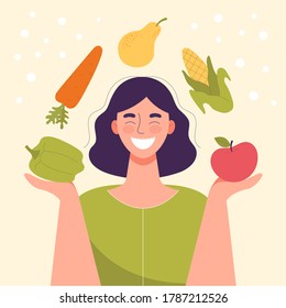 Smiling woman with vegetables and fruits in his hands.Healthy food,concept of diet,raw food diet,vegetarian.Apple,pear,pepper,carrot,corn are circling on the person.Flat cartoon vector illustration