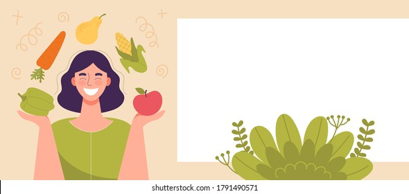 Smiling woman with vegetables and fruits in his hands.Healthy food,concept of diet,raw food diet,vegetarian.Banner for web site,space for text,template.Flat cartoon vector illustration