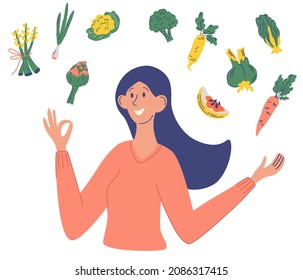 Smiling woman with vegetables. Healthy food, concept of diet, raw food diet, vegetarian. Funny young vegan woman. Flat cartoon vector illustration