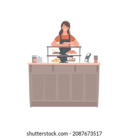 Smiling woman vendor in apron standing at stall of bakery shop vector flat illustration. Happy female selling cakes, candy, pie, dessert at shopping mall store isolated. Baking showcase with pastry
