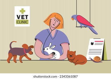 Lächelnder Tierarzt mit Katze, Hund, Kaninchen, Papagei in der Klinik. Tierarzt bei der Kontrolle und Behandlung von Tieren