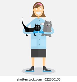 Smiling woman veterinarian holding two cats. Vector graphics. Flat design
