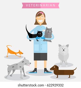 Smiling woman is a veterinarian. Holds cats in the hands. Cats, dogs. Animal treatment concept. vector illustration. Flat design. banner

