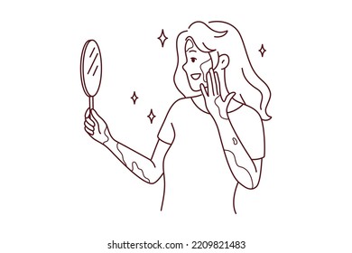 Smiling woman with vitiligo look in mirror feeling body positive. Happy girl with skin disease feel satisfied and optimistic. Skincare and dermatology. Vector illustration.