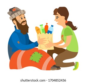 Smiling woman volunteer giving products in bag to beggar man, charity to homeless, sitting vagrant in clothes and blanket with patches, sharing vector