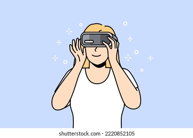 Smiling woman in VR glasses explore new horizons. Happy girl in virtual reality headset enjoy modern technology. Vector illustration. 