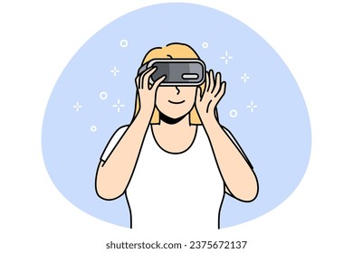 Smiling woman in VR glasses explore new horizons. Happy girl in virtual reality headset enjoy modern technology. Vector illustration.