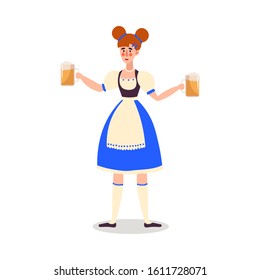 Smiling woman waiter serving fresh beer in glasses vector illustration