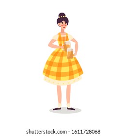 Smiling woman waiter in yellow dress serving beer vector illustration