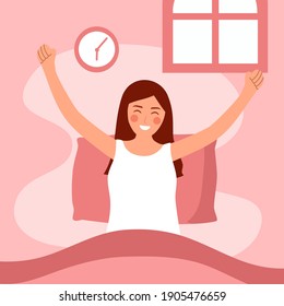 Smiling woman wake up in the morning in flat design. Happy girl has full relaxation sleep in bedroom and start new day with happiness.