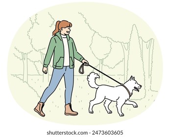 Smiling woman walking with dog on leash in park. Happy girl enjoy walk with puppy in nature. Pet ownership concept. Vector illustration.