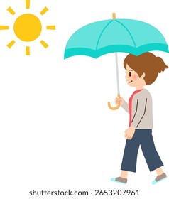 Smiling woman walking with a parasol on a sunny day