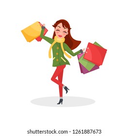 Smiling woman in warm coat and green trousers, bought presents on Christmas. Girl with color packages, hold bags in hands. Gifts from sale, discounts vector