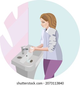 Smiling woman washes her hands with soap at home. Vector illustration.