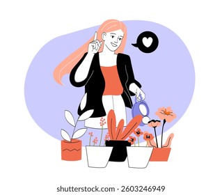 Smiling woman waters potted plants while raising finger as if giving advice. She wears black jacket, orange dress. Blue background enhances illustration. Gardening concept. Vector illustration