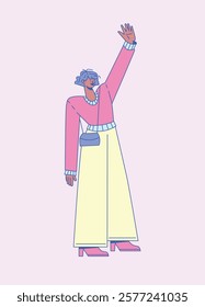 Smiling woman waving arm in cheerful greeting. Concept of communication, diversity, friendliness, inclusion. Flat vector illustration.