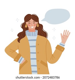 Smiling woman waving. Girl greeting gesture, hand saying hi. Female character in autumn casual clothes say hello. Waving hand and gesturing in friendly way. Flat vector illustration isolated