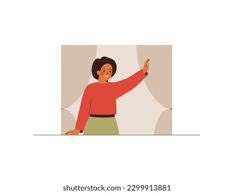 Smiling woman waving hand to friend from the open window. Female person character does greeting or goodbye gesture. Communication concept. Vector illustration