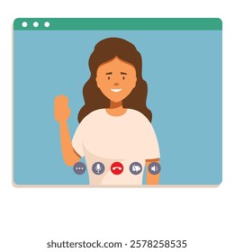 Smiling woman waving hand while having a video call on computer, online meeting concept