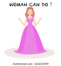 Smiling woman wear beautiful pink dress who can do everything 