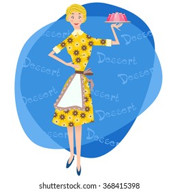 Smiling woman wearing an apron, holding dish with pink jelly dessert (Fifties retro style) 