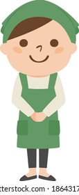 A smiling woman wearing an apron.Illustration of a woman doing house cleaning and cleaning.