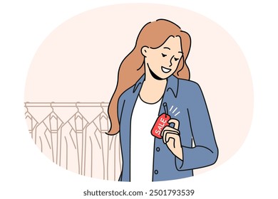 Smiling woman wearing jacket with sale tag in boutique. Happy girl buying clothes on discount or promotion in store. Shopping and style. Vector illustration.