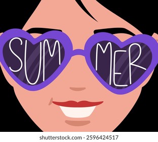 Smiling woman wearing purple heart-shaped sunglasses reflects the word summer in the lenses, celebrating seasonal joy