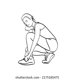 femme souriante portant des lacets de vêtements de sport se préparant pour l'illustration vectorielle dessinée à la main isolée sur fond blanc.
