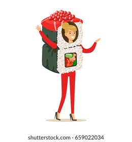 Smiling woman wearing sushi roll costume, vector Illustration