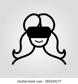 Smiling woman wearing virtual reality headset for 3D gaming, vector icon