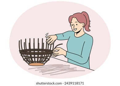 Smiling woman weaving basket from wicker at home. Happy girl engaged in creative design process with furniture or decor making. Vector illustration.