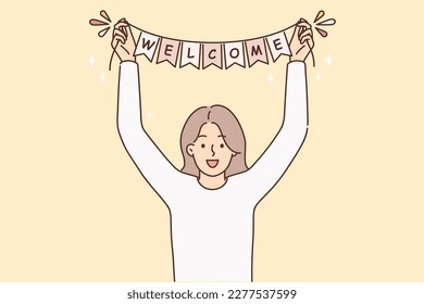 Smiling woman with welcome sign in hands greeting someone. Happy female meet person hold party decoration. Vector illustration. 