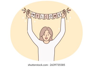 Smiling woman with welcome sign in hands greeting someone. Happy female meet person hold party decoration. Vector illustration.