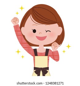 A smiling woman who raised her right arm.