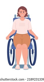 Smiling woman who uses wheelchair semi flat color vector character. Editable figure. Full body person on white. Inclusion simple cartoon style illustration for web graphic design and animation