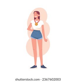 Smiling Woman Winner with Golden Medal Vector Illustration
