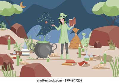 Smiling woman in witch hat and green coat preparing magic poison using book vector flat illustration. Witch cave with cauldron, poison flasks, bags with ingredients, and candles. Halloween concept.