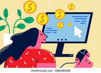 Smiling woman work online on computer earn money on stock exchange market. Happy female with distant job get dividend from successful investment. Finance and banking. Flat vector illustration. 