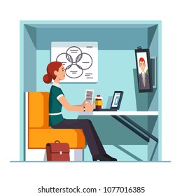 Smiling woman worker having video call in private video conference booth with chair, desk, whiteboard and big screen monitor. Corporate business online teleconference. Flat style vector illustration
